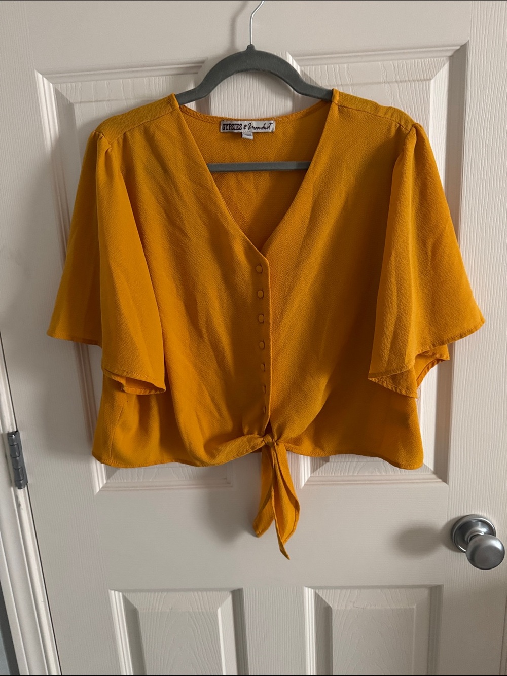 Mustard Tie-Front V-Neck Blouse